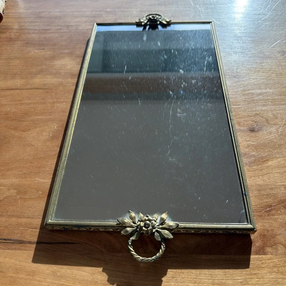 Vintage‎ Brass Mirrored Vanity Tray 14x8 Floral Hollywood Regency